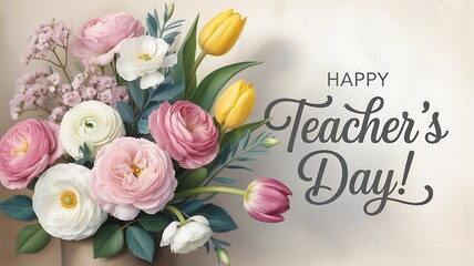 Happy teachers day greeting card with flower bouquet on white background vector