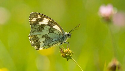 Obraz premium A delicate marbled white butterfly rests gracefully on a flower stalk, showcasing its intricate wing patterns against a soft, out-of-focus grassy background.