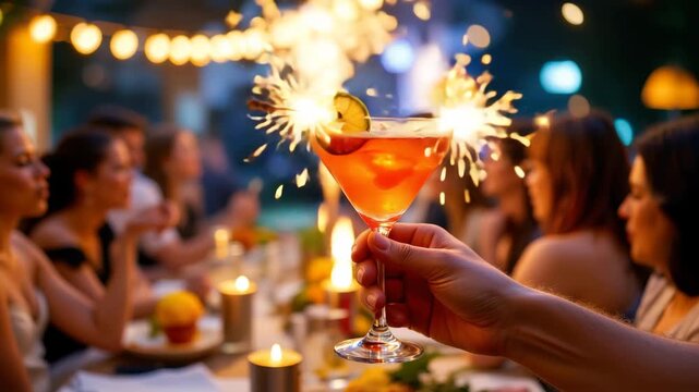 Celebratory Cocktail: A hand holding a vibrant cocktail embellished with sparklers, casting a warm glow over a lively gathering, symbolizing festive cheer and delightful celebration.