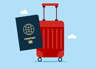 Travel suitcase with wheel and passport. Traveler, vacations, adventures, tourism and tourist. Flat vector illustration