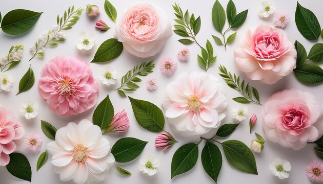 beautiful floral pattern featuring soft pink and white flowers with green leaves on light background evoking sense of tranquility and nature beauty