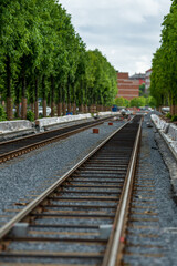 Obraz premium Perspective view of empty railway under trees.
