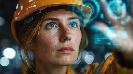 close-up of woman in safety helmet using holographic industrial interface, glowing blue display, high-tech manufacturing environment, cinematic bokeh