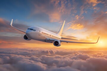 Obraz premium Sunset Flight: Modern Passenger Plane Above the Clouds