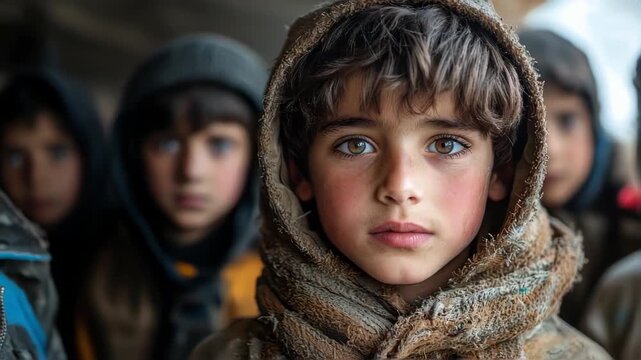 A group of children huddled together in a cold environment, showcasing resilience and hope amidst adversity
