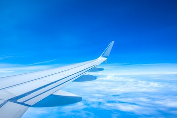 Obraz premium Wing Detail: Passenger Plane Against Blue Sky