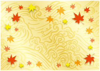 秋のフレーム。金色の背景に舞う紅葉のモミジ。赤、オレンジ、黄色と染まった紅葉の葉。
Autumn frame. Maple leaves dancing on a golden background. Autumn leaves dyed red, orange, and yellow.