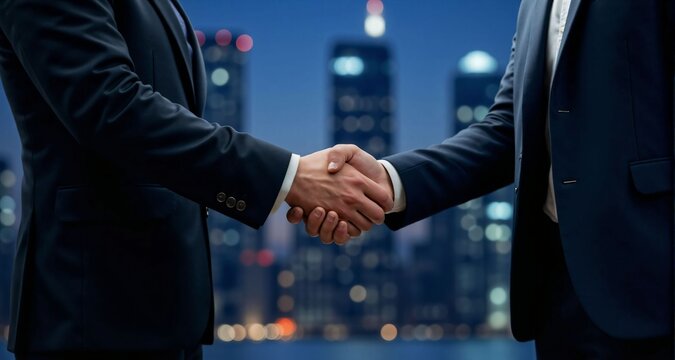 senior consultant shaking hands with a colleague with a futuristic city skyline at night