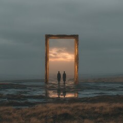 Surreal Golden Portal with Silhouettes of Two People in a Misty Landscape at Sunset, Reflecting Infinite Possibilities and Dreamlike Journeys