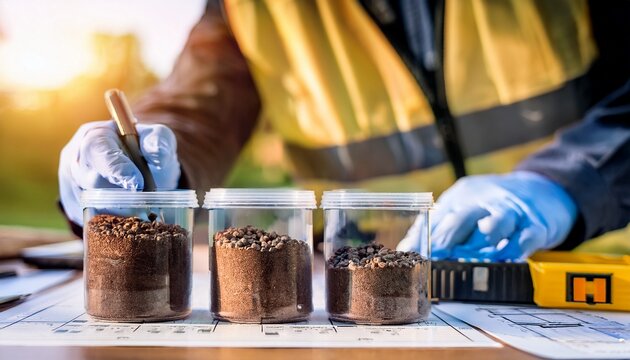 close up of soil samples in containers on geotechnical engineer workspace