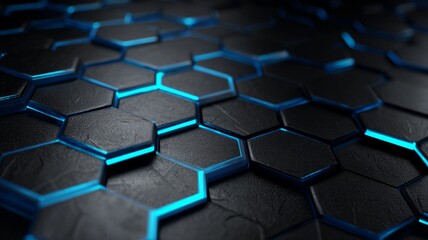 Fototapeta premium Metallic hexagonal pattern with blue glow. Artificial intelligence image