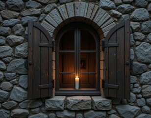 Cozy candle glow illuminates rustic stone cottage window with wooden shutters open