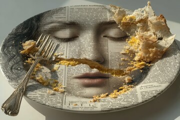 Intriguing Surreal Still Life of a Breakfast Setting with a Fornasetti Style Newspaper Plate Featuring a Classical Female Face, Scattered Food Crumbs, and a Fork – Evoking Themes of Consumption