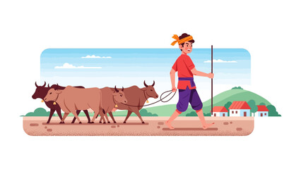 Naklejka premium Young Herdsman Leads Cattle: A vibrant illustration captures a young herdsman leading a small herd of cattle along a dirt path, with houses and rolling hills in the background. 