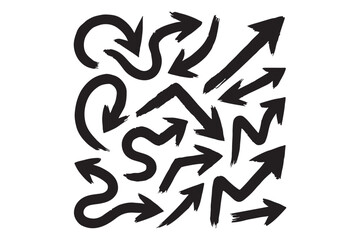 Various bold brush drawn curved arrows. Collection doodle marker thick arrows in different directions. Hand drawn vector direction pointers. Curved and wavy brush strokes with scratches.