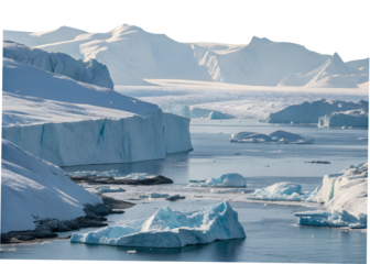Scenic view of icebergs and mountains in the arctic region in greenland isolated on transparent background