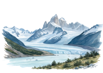 Watercolor painting of a glacier lake and mountain isolated on transparent background