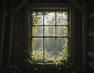 Fototapeta premium Overgrown vines embrace an old window frame, revealing a lush green forest bathed in soft sunlight.