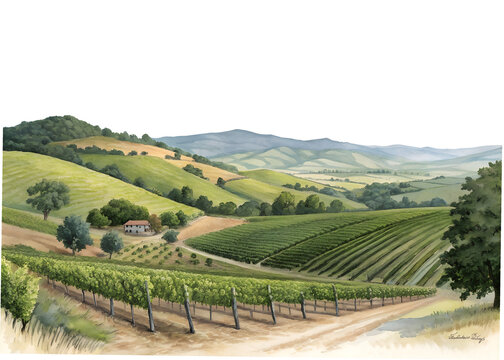 Watercolor painting of vineyard in napa valley isolated on transparent background