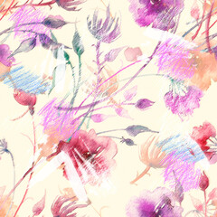 Watercolor bouquet of flowers, Beautiful abstract splash of paint, fashion illustration.Orchid flowers, poppy, cornflower,pansies, viola, field or garden flowers. seamless watercolor floral background