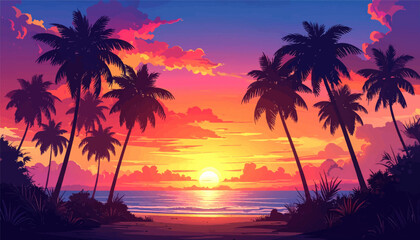 Obraz premium Golden hour on tropical beach. Serene beach with a vibrant sunset. Beautiful sunset over a calm sea. Tropical sunset with pastel skies. Sunset and palm trees silhouette