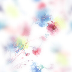Fototapeta premium Watercolor bouquet of flowers, Beautiful abstract splash of paint, fashion illustration.Orchid flowers, poppy, cornflower,pansies, viola, field or garden flowers. seamless watercolor floral background