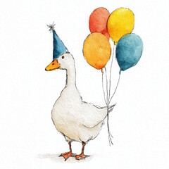 Charming Watercolor Goose with Blue Party Hat and Colorful Balloons: Hand-Drawn Whimsical Art for Birthday Cards, Invitations, and Festive Kids' Designs