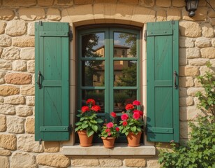 Charming rustic window with vibrant red flowers and weathered green shutters evokes cozy European charm.