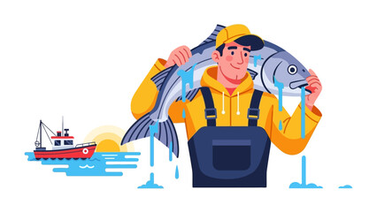 Big catch in the sea: A fisherman, radiating pride and satisfaction, proudly displays an enormous fish, a symbol of hard work and the bounty of the sea, with a ship in the background.