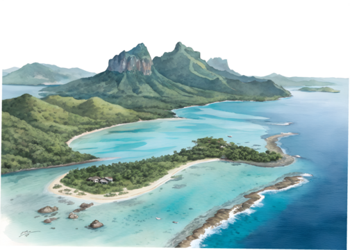Aerial view of bora bora island isolated on transparent background, watercolor style