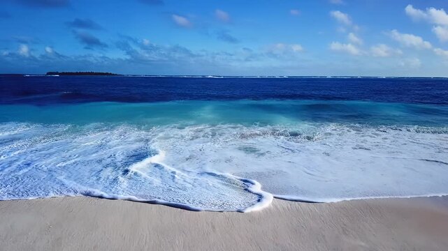 foaming waves crashing noisily on a sandy beach on the island