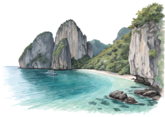 Watercolor painting of maya bay beach in phi phi islands, thailand isolated on transparent background