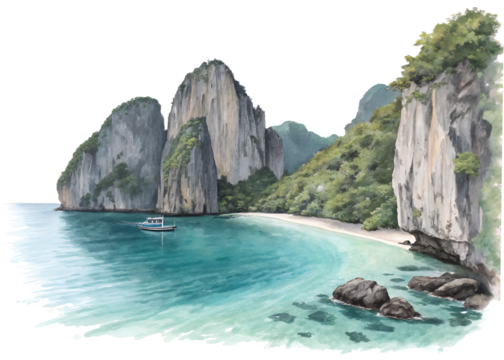 Watercolor painting of maya bay beach in phi phi islands, thailand isolated on transparent background