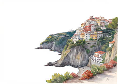 Watercolor painting of manarola village isolated on transparent background