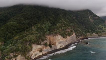 Vista aérea: costa rocosa, vegetación exuberante.