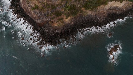 Vista aérea: costa rocosa, vegetación exuberante.