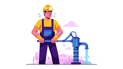 Worker Pumping Water: A diligent worker, donning a hard hat, sweats as he operates a water pump, extracting water for vital resources, with countryside landscape, in a flat design.