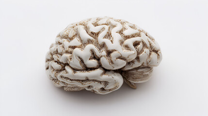 
A hand is gently cupping a small, transparent object shaped like a human brain. The object, which appears to be made of glass or crystal, contains an intricate, swirling white pattern within 