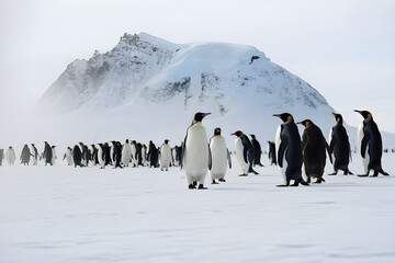 A colony of emperor penguins stands on a snowy landscape with a large mountain in the background