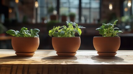 Fresh Herbs Growing in Clay Pots on a Rustic Wooden Table