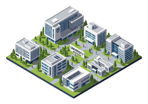 Isometric 3D view of a modern university campus with contemporary buildings, walkways, and students, representing education, research, innovation, and academic life in a higher learning institution