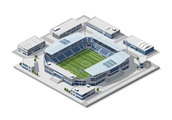 Isometric 3D view of a modern soccer stadium with green field, stands, and surrounding facilities, symbolizing sports, competition, teamwork, fan culture, and international football events