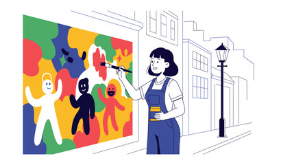 The artist is painting a mural in a vibrant street scene, infusing the cityscape with color and creativity