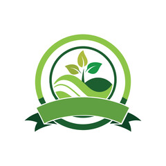 Organic Eco Badge Logo Green Leaf Agriculture Label with Ribbon