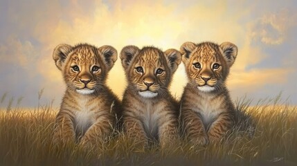 Obraz premium Three Adorable Lion Cub Portraits in Golden Grassland at Sunset