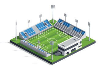 Obraz premium Isometric 3D view of a small soccer stadium with field, goals, stands, benches, and floodlights, representing sports, teamwork, competition, recreation, and athletic lifestyle concepts
