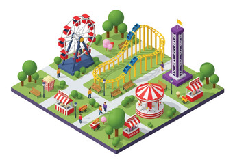 Isometric 3D view of an amusement park with roller coaster, Ferris wheel, carousel, drop tower, food stalls, and visitors, representing fun, entertainment, leisure, and family recreation concepts