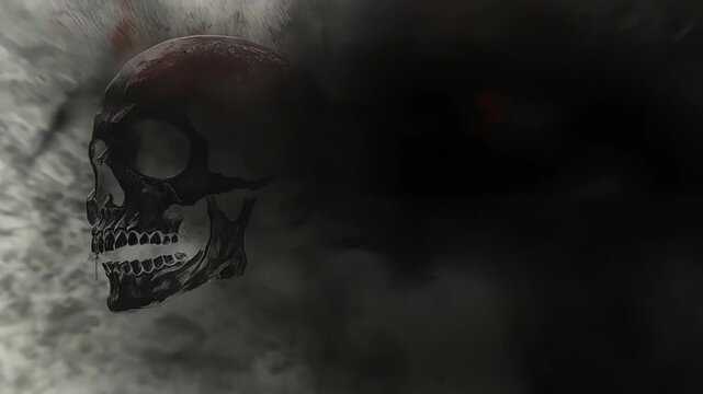 A haunting skull emerges from a dark, smoky background, symbolizing mortality and mystery