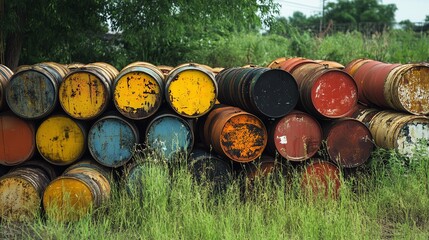 Fototapeta premium Empty oil drums stacked in yard