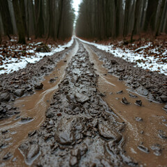 Muddy road. Uliginous mud on forest pathway. Background image. Surface of callow mud on winter route. Miry road desktop image. Gumbo on winter driveway. Slush on the drive. Miry tarmac track